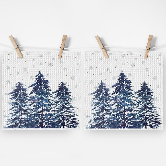 Artoid Mode Blue Snowflakes Xmas Tree Christmas Kitchen Dish Cloths, 12x12 Inch Quick Dry Microfiber Dishcloths for Kitchen Dish Rags Set of 2