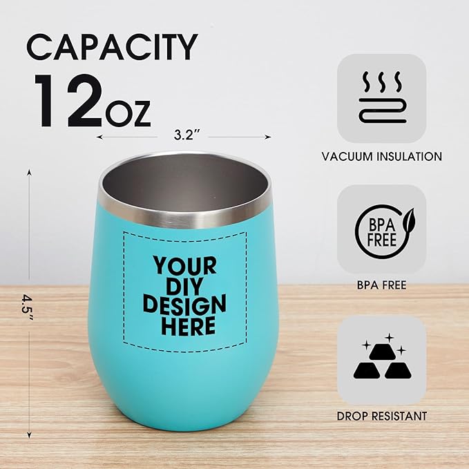Personalized Custom Wine Tumbler Print in USA 12oz Stainless Steel Travel Coffee Cup with Lid & Straw Double Wall Insulated Mug with Colorful Text Logo Photo
