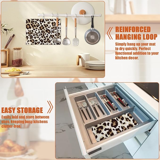 Brown Leopard Dish Drying Mat for Kitchen Counter Microfiber Absorbent Dish Kitchen Drying Mat Draining Reusable Washable for Dishes/Utensils/Counterto