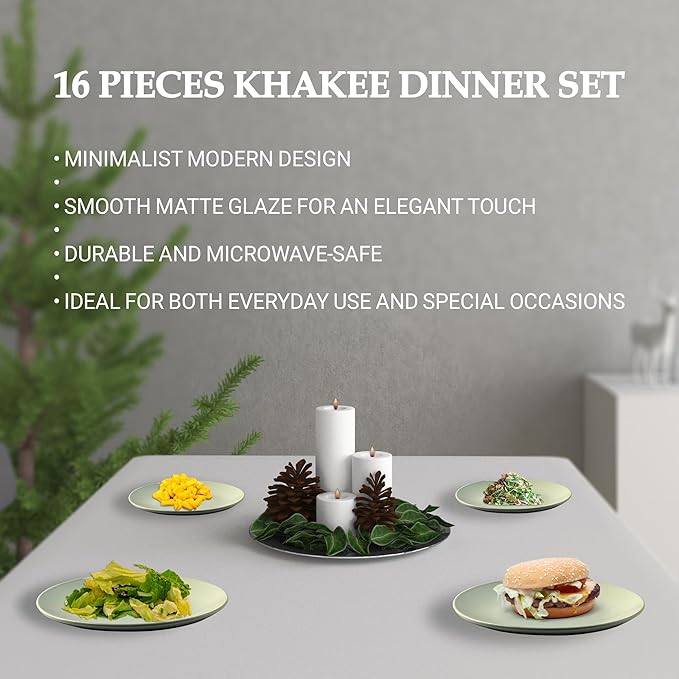 16-Piece Khakee Ceramic Dinner Set – Stoneware Plates, Bowls & Mugs – Modern Solid Colour Tableware for 4 – Microwave & Dishwasher Safe – Khakee Beige