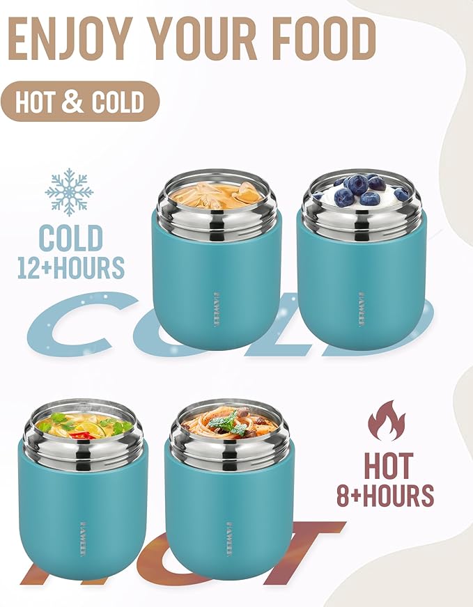 17oz Soup Thermo for Hot Food Adults Insulated Food Jar Thermo Hot Food Lunch Container Wide Mouth Stainless Steel Lunch Box for Kids with Folding Spoon Cleaning Brush Peacock Blue