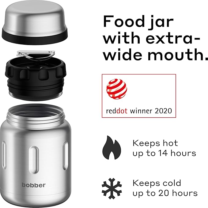 BOBBER 24 oz Insulated Stainless Steel Thermos for Hot Food with Extra-Wide Mouth, Built-in Spoon and Bowl – Keeps Food Hot for 14 Hours and Cold for 20 Hours (Matte)