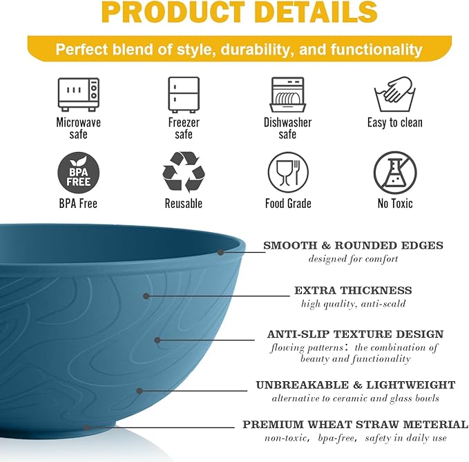 Unbreakable Cereal Bowls 40 OZ, Wheat Straw Bowls Set of 6, Alternative Plastic Bowls for Kitchen, Outdoors, Microwave & Dishwasher Safe Bowl Set for Salad, Cereal, Snack, Ramen, Multi