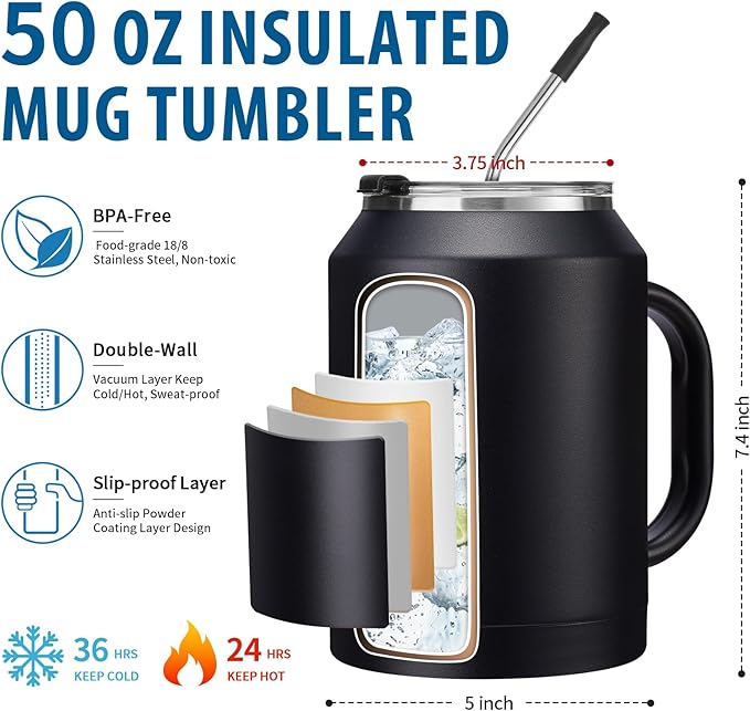 Insulated Coffee Mug 50 oz Tumbler with Handle - Metal Straws, Wide Mouth Leak-proof BPA-Free Stainless Steel Coffee Cup, Insulated Tumbler Big Travel Thermal Flask Water Bottles Keep Cold 36 Hrs