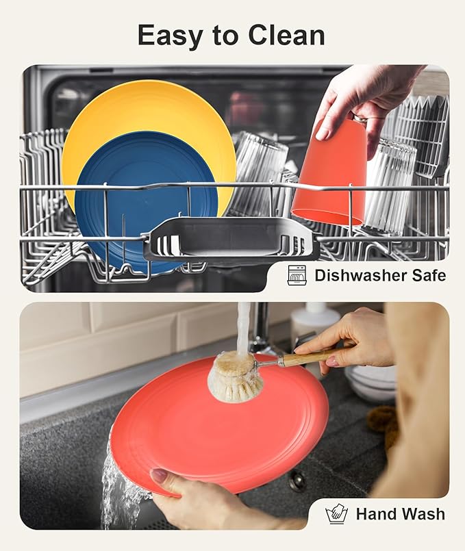 Quatish 24 Piece Plates and Bowls Sets for 6, Unbreakable Dinnerware Sets, Plastic Dish Set for Camping, Dishwasher Microwave Safe, Outdoor Kitchen and Apartment Dinning RV Essentials, Multi