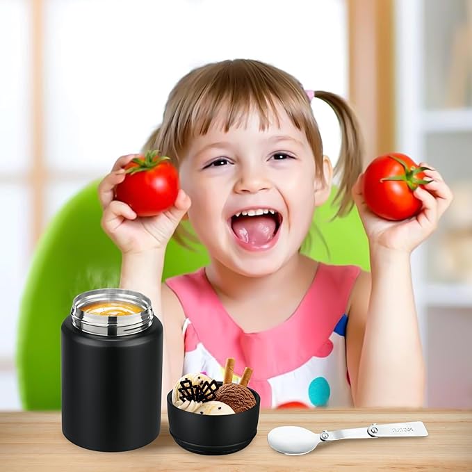 17oz Soup Thermo for Hot Food Kids Insulated Food Jar,Thermo Hot Food Lunch Container, Width Mouth Stainless Steel Lunch Box for Kids with Handle Folding Spoon(Black-Pure)