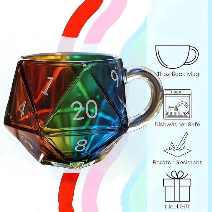 Rainbow Glass D20 Dice Mug, Polyhedral Dice Coffee Cup with Handle, Transparent Glass Game Mug for RPG Lovers, Fantasy Themed Gift for Game Night, Board Games Enthusiasts (2PCS)
