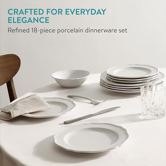 Navaris Scandi Style Porcelain Dinnerware Set - Ceramic Crockery Sets for 6 - Stackable Dishes with Dinner and Salad Plates Cereal Bowls - Dishwasher & Microwave Safe - 18pcs White