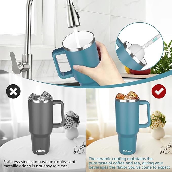 40 oz Insulated Coffee Mug with Ceramic Coating, Stainless Steel Travel Coffee Tumbler with Handle Lid and Straw, Double Wall Leak-Proof Coffee Travel Mug Keeps Drink Hot and Cold (Lake Green)