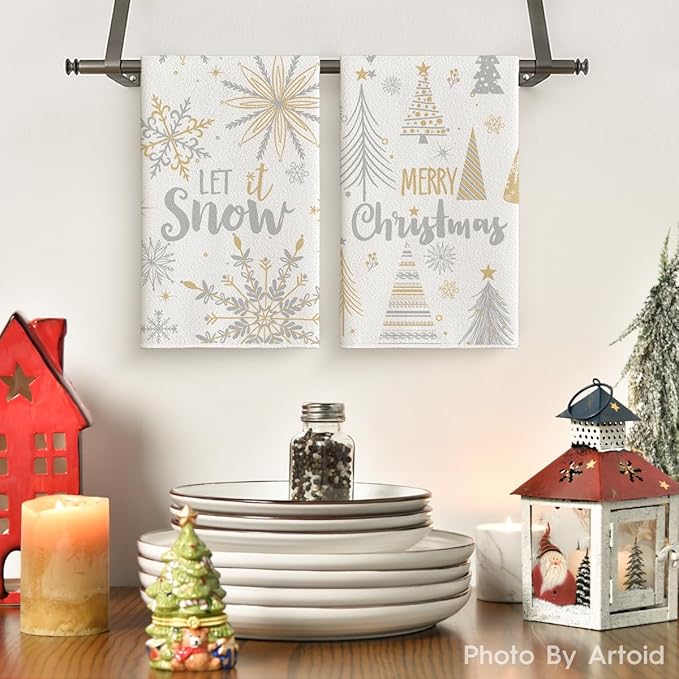 Artoid Mode Snowflake Xmas Trees Merry Christmas Kitchen Towels Dish Towels, 18x26 Inch Farmhouse Holiday Winter Decoration Cleaning Set of 2