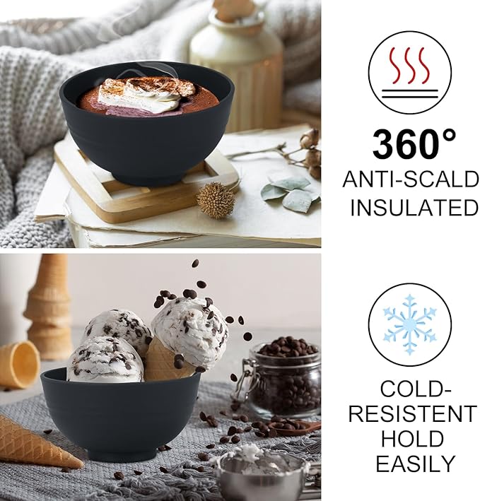 Wrova wheat straw snack bowls 10oz set of 8 - Unbreakable Dessert Bowls for kids - Mini Bowls for Ice Cream,Snack and Fruits - Microwave & Dishwasher Safe Appetizer Bowl Sets - Black