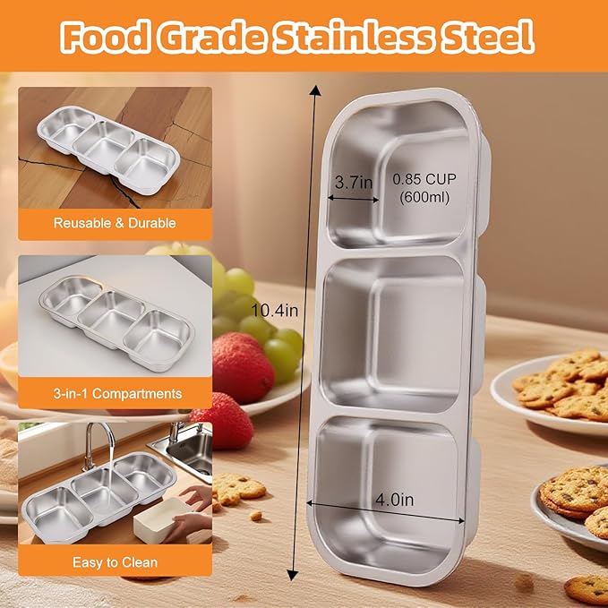 Stainless Steel Snack Containers with Lids, Reusable Condiment Storage Box, Divided Food Storage for School, Home, Travel, Multiple Compartment Leak-Proof Box (‎3 Compartment)