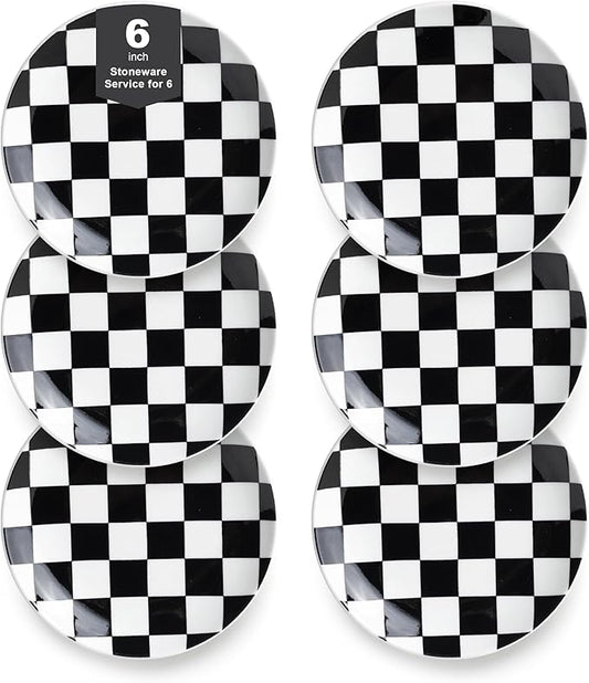 Black and White Checkered Small Dessert Plates Set of 6-6 Inch Ceramic Plates, Microwave & Dishwasher Safe, Minimalist Decorative Platters for Desserts