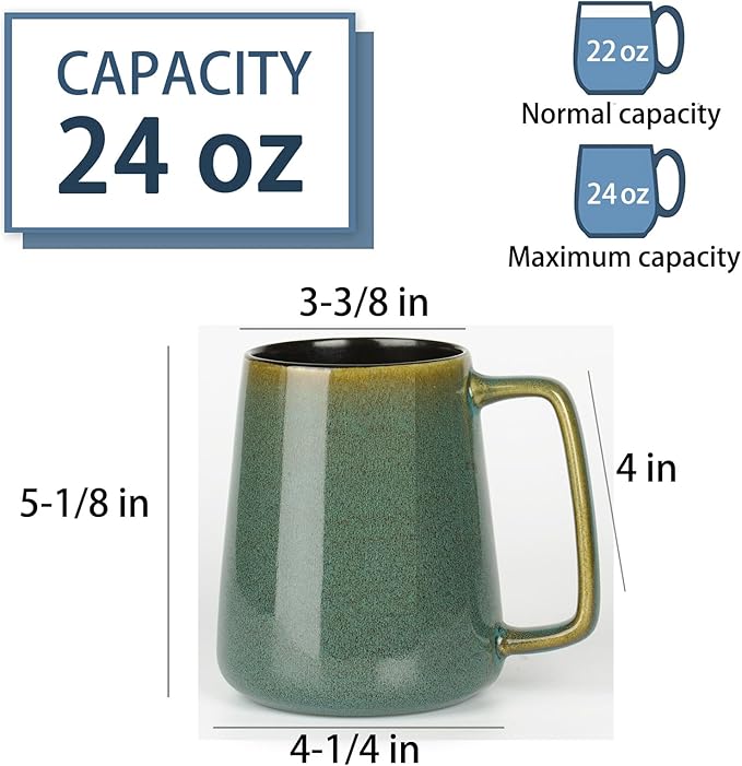 24 OZ Extra Large Ceramic Coffee Mug, Jumbo Coffee Mugs, Big Tea Cups with a Large Handle for Office and Home, Microwave and Dishwasher Safe (24 OZ Green)