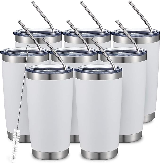 COMOOO 20oz/8Pack White Tumbler Double Wall Vacuum Insulated Coffee Travel Mug Stainless Steel Tumbler Bulk with Lid and Straw Powder Coated Insulated Coffee Cup for Cold & Hot Drinks (White, 8 Pack)