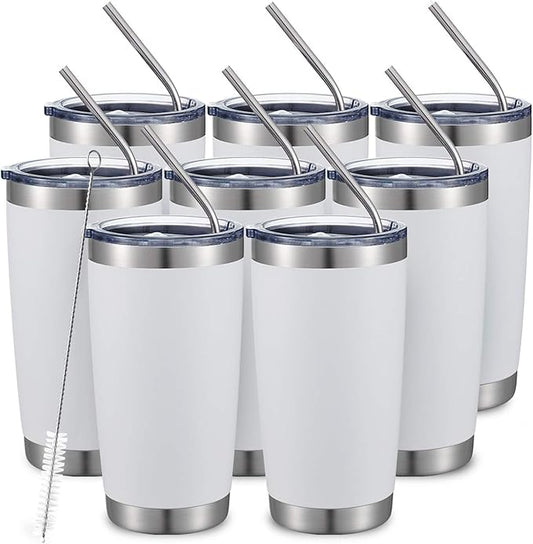 COMOOO 20oz/8Pack White Tumbler Double Wall Vacuum Insulated Coffee Travel Mug Stainless Steel Tumbler Bulk with Lid and Straw Powder Coated Insulated Coffee Cup for Cold & Hot Drinks (White, 8 Pack)
