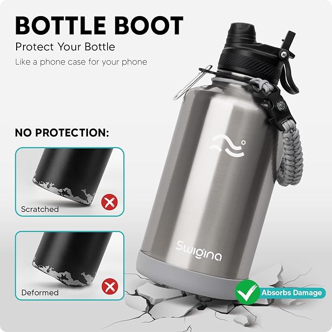 [2-IN-1 LID] 64 oz Insulated Water Bottle with Silicone Boot (48hrs Cold/24hrs Hot) - DIY Stickers, Leakproof, BPA Free, Half Gallon