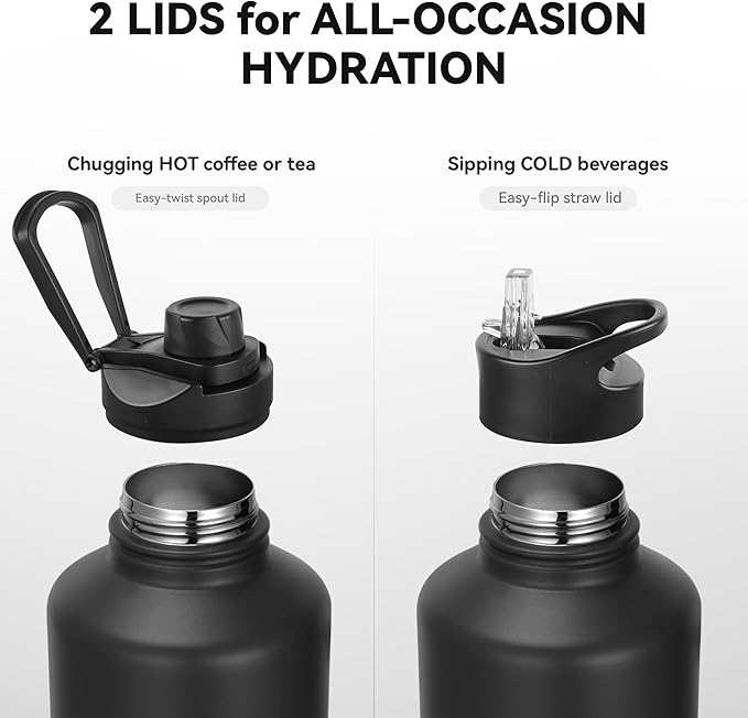64 oz Insulated Water Bottle with Straw & Spout Lids, Stainless Steel Metal Half Gallon Water Jug with Paracord Handle, Double Wall Vacuum, Leakproof, Keep Drinks Cold & Hot, Black Gray Gradient