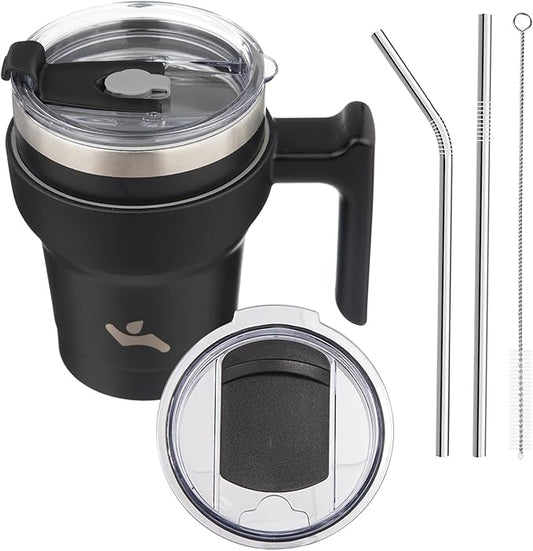 10 oz Tumbler with Handle and 2 Straw 2 Lid, Insulated Water Bottle Stainless Steel Vacuum Cup Reusable Travel Mug,Black