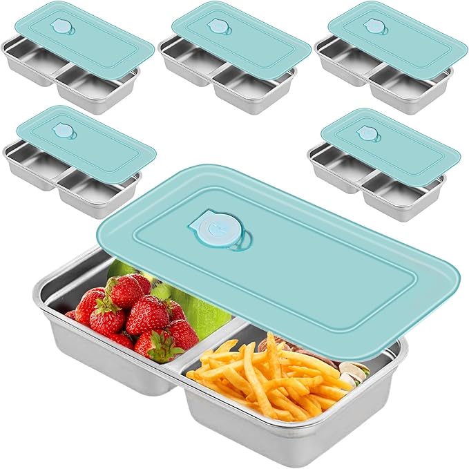 6pcs Grab and Go Snack Containers, Stainless Steel Double Compartment Snack Containers with Lids, Reusable & Dishwasher-Safe, Divided Meal Prep Lunch Box for Travel, Office and Outdoor