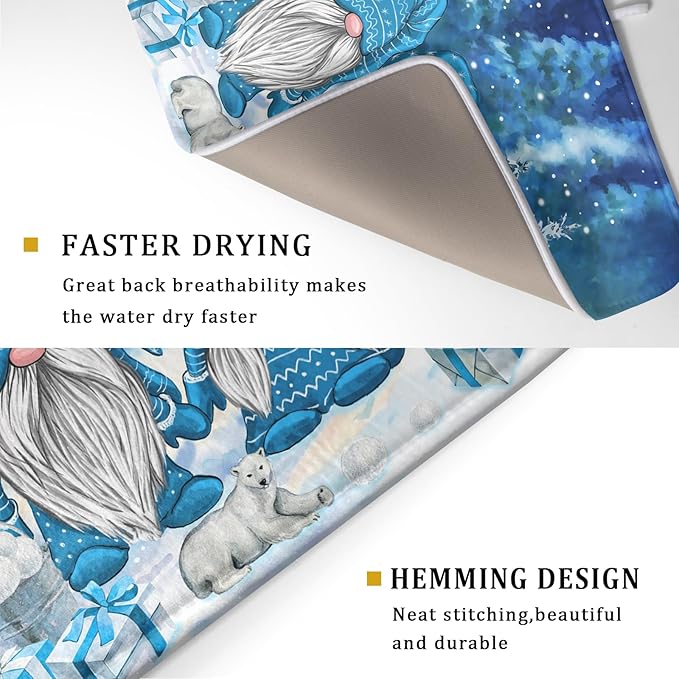 Winter Blue Gnome Dish Drying Mat for Kitchen Counter Pine Tree Microfiber Dish Pad Absorbent Reversible Fast Dry Draining Mats 18x24 Inch