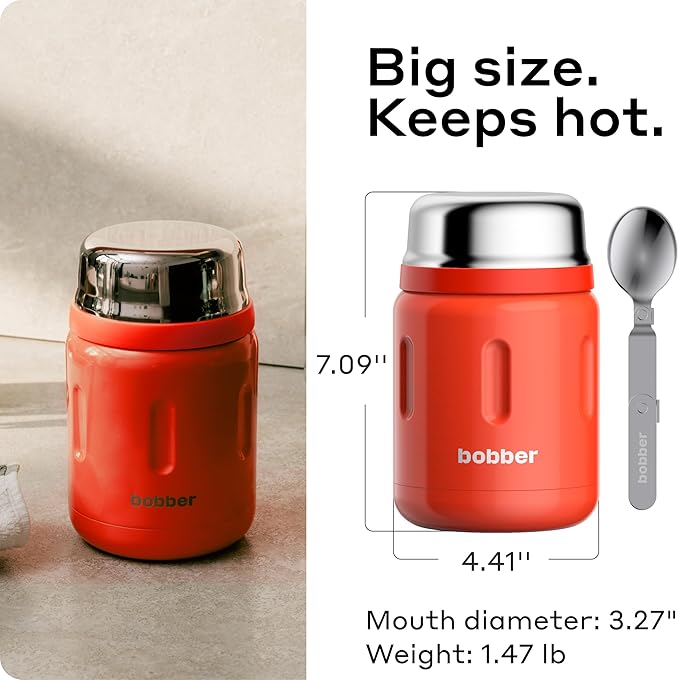 BOBBER 24 oz Insulated Stainless Steel Food Thermos for Hot Food, Extra-Wide Mouth Lunch Container for Adults with Spoon and Bowl, Dishwasher Safe - Keeps Meals Hot for 14 Hours (Red)