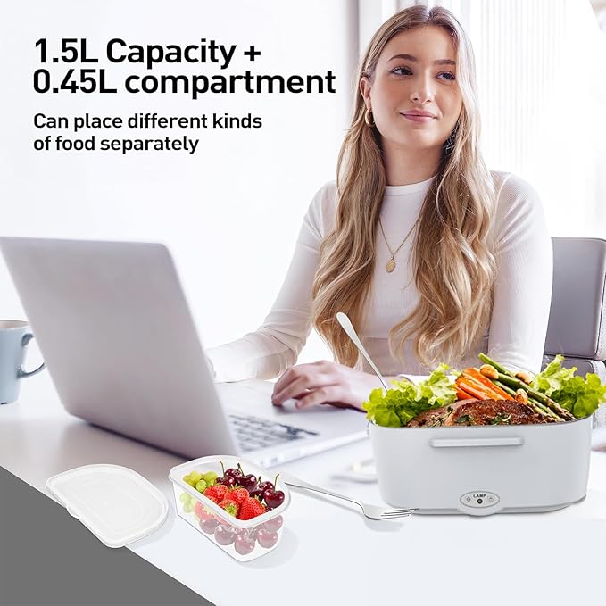 APSARAS USA Electric Lunch Box 60-80W Food Heater for Adults, 12/24/110V Portable Lunch Warmer Upgraded Heated Lunch Box for Car/Truck/Office with SS Fork&Spoon and Insulated Carry Bag (white)