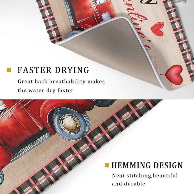 Valentine's Day Truck Dish Drying Mat 18x24 inch Love Heart Washable Absorbent Dishes Pad Dish Drainer Mat for Kitchen Counter Sink Coffee