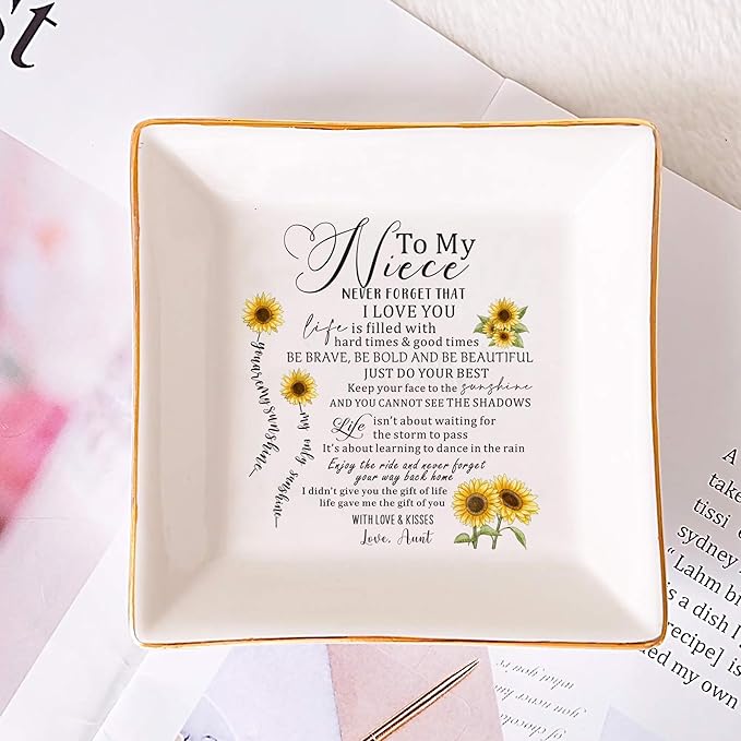 SUNBMO Ceramic Jewelry Dish - Birthday & Christmas Gifts for Niece from Auntie