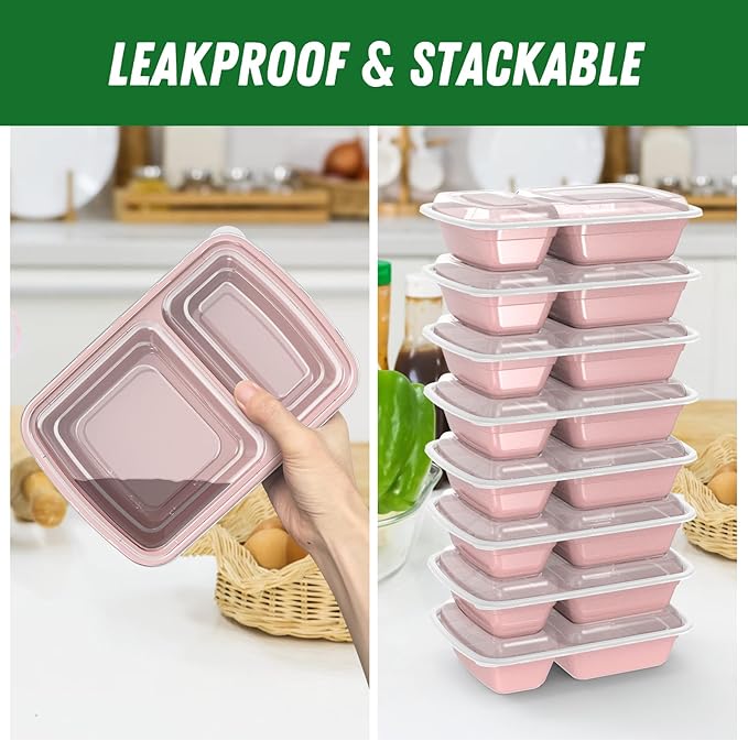 50 Pack (100-Piece) 28 oz Meal Prep Containers Reusable with Lids 2-Compartment, Sturdy Leakproof Food Safe, Microwave Freezer Dishwasher Safe, To Go Take Out Plastic Food Storage, Pink