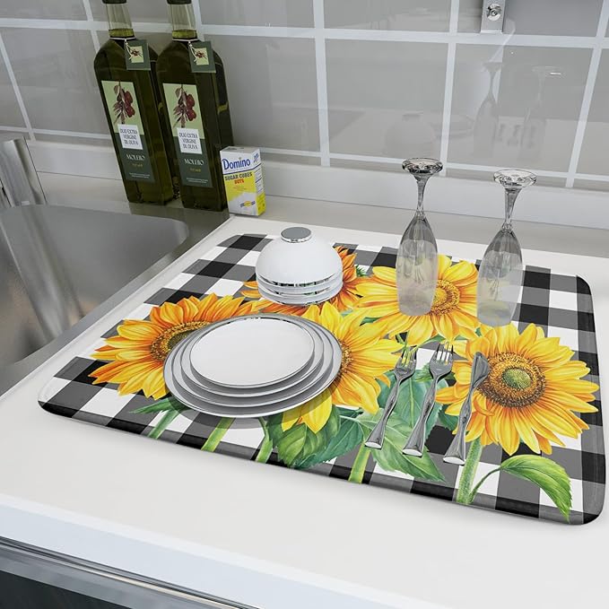 Sunflower Drying Mats for Kitchen Counter 18×24 Inch Black and White Buffalo Plaid Sunflower Large Drying Mat for Dishes Microfiber Dish mat Rack Mat Drainer Pad Washable Absorbent Dry Mat
