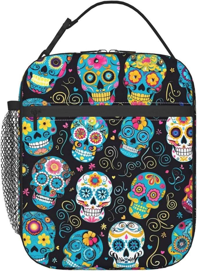 Reusable Colorful Sugar Skull Lunch Box for Kids Girls Boys Women Adult, Insulated Day of The Dead Lunch Bag,Polyester Cooler Handbags Case for School Picnic Work Travel Beach or Hiking