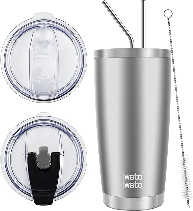 WETOWETO 20oz Tumbler with 2 lids and 2 straws, Stainless Steel Vacuum Insulated Water Coffee Tumbler Cup, Double Wall Powder Coated Spill-Proof Travel Mug Thermal Cup (Stainless, 1 Pack)