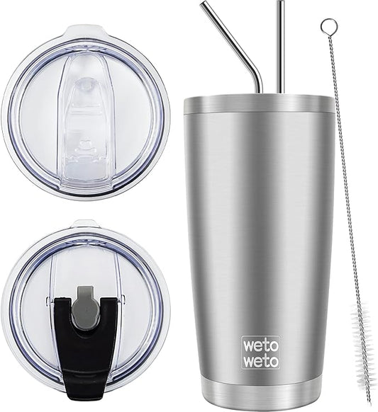 WETOWETO 20oz Tumbler with 2 lids and 2 straws, Stainless Steel Vacuum Insulated Water Coffee Tumbler Cup, Double Wall Powder Coated Spill-Proof Travel Mug Thermal Cup (Stainless, 1 Pack)