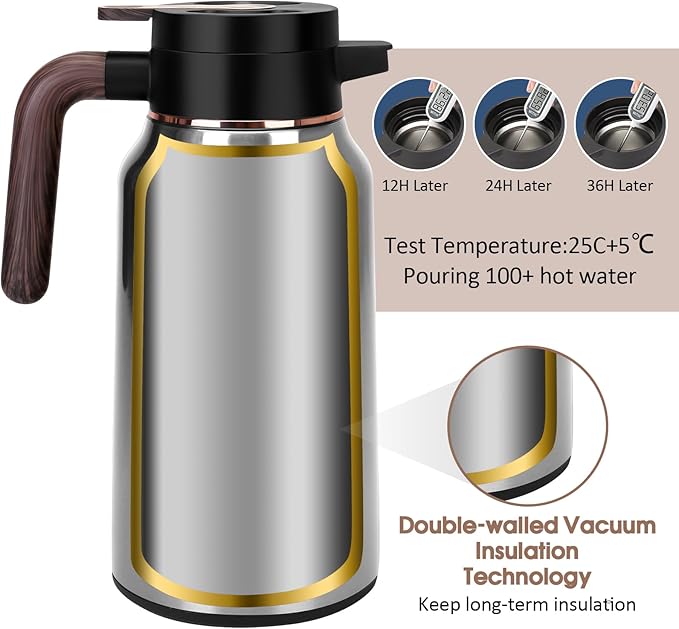 68oz Thermal Coffee Carafe, Stainless Steel Carafes for Hot Liquids 24 Hours, Insulated Coffee Carafes For Keeping Hot Coffee, Hot Water, Tea, Hot Beverage (2 Pack Silver)