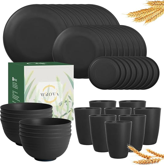 Wrova Wheat Straw Dinnerware Set of 40 Pieces - 10" & 9" Plates, 6" Snack Plates, 26oz & 12oz Bowls & Cups - Unbreakable, Microwave & Dishwasher Safe - Black
