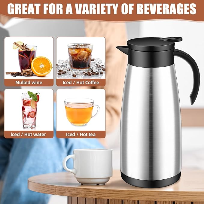 Uiifan 2 Pcs Thermal Coffee Carafe Insulated Stainless Steel Coffee Carafes for Keeping Hot and Cold Double Walled Vacuum Thermal Pot Flask with Brush for Water Milk Tea Home and Office (Silver,51oz)
