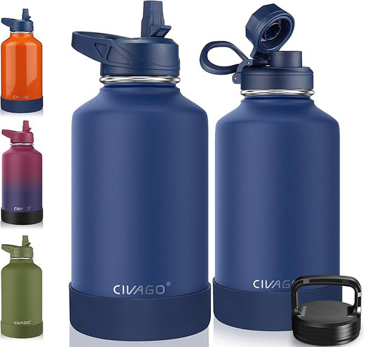CIVAGO 64 oz Insulated Water Bottle With Straw, Half Gallon Stainless Steel Sports Water Flask Jug with 3 Lids (Straw, Spout and Handle Lid), Large Metal Thermal Cup Mug, Navy Blue