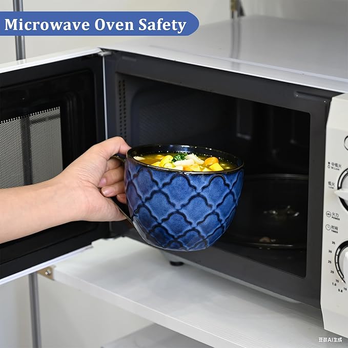 Ceramic Soup Mug, 24oz Soup Bowl with Handle & Lid, Microwave Bowl for Cereal Oatmeal Ramen Instant Noodle Salad (Dark Blue)