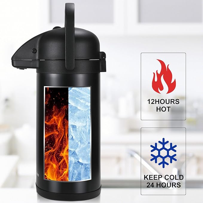Updated Airpot Coffee Dispenser with Pump, 64 OZ Insulated Thermal Coffee Carafe for Keeping Hot - Cold Water, Party Chocolate Drinks & Stainless Steel Thermos Urn Large Thermal Hot Drink (Black)