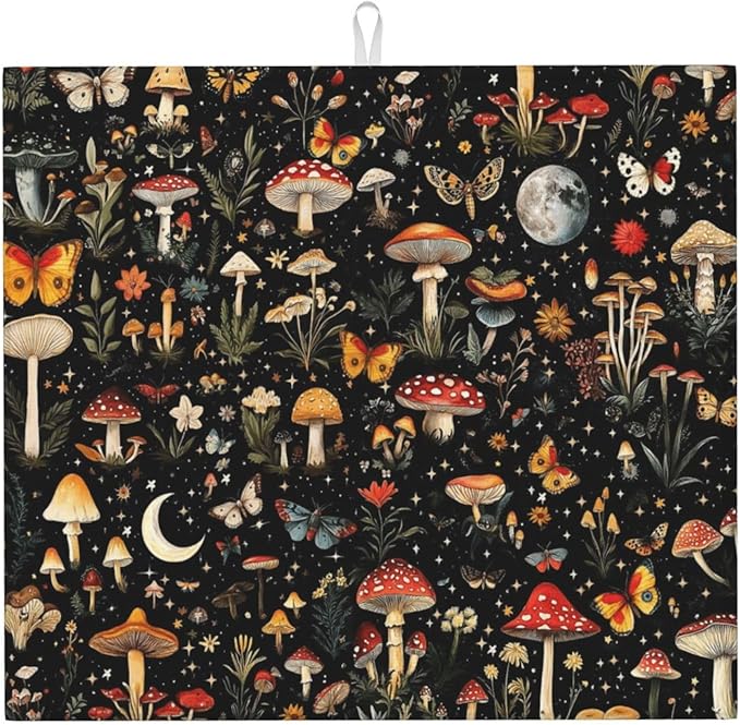 Black Forest Mushroom Butterfly Dish Drying Mats, Absorbent Microfiber Cute Decorative Kitchen Counter Mat, 16 x 18 inch, Washable, Reusable, Foldable for Dishes Utensils, Small Appliances, Home Decor