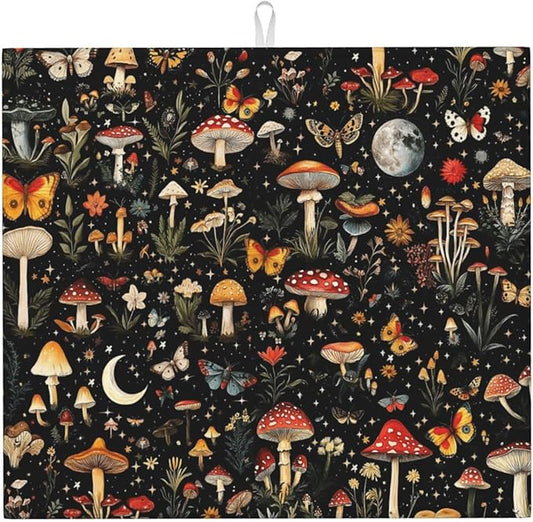 Black Forest Mushroom Butterfly Dish Drying Mats, Absorbent Microfiber Cute Decorative Kitchen Counter Mat, 16 x 18 inch, Washable, Reusable, Foldable for Dishes Utensils, Small Appliances, Home Decor