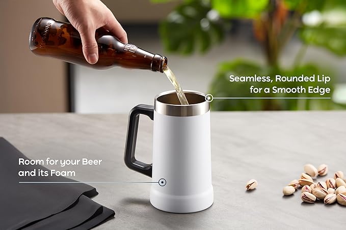 KooK Beer Stein, Stainless Steel Coffee Mug, Tumbler with Thermal Vacuum Insulation, Big Grip, Adventure, Double Walled Drinking Cup, Large Handle, Shatterproof, White, 24 oz