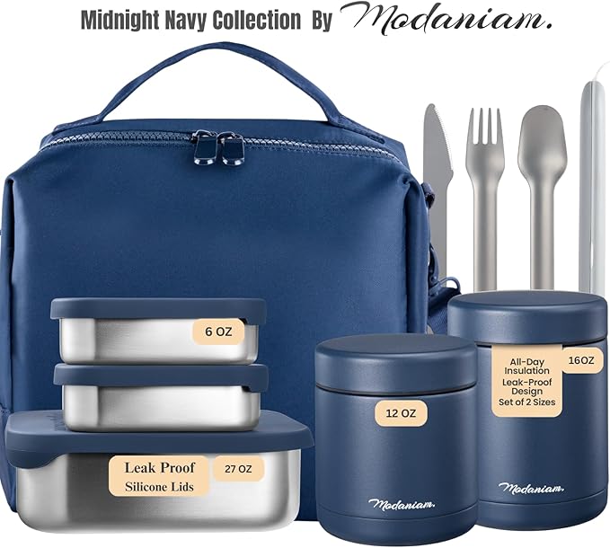 Stainless steel Insulated Food Jars set (16Oz + 12 OZ) wide mouth, Insulated Lunch Containers,Insulated food container, Hot Food Lunch Container, Hot Lunch Box - Midnight Navy