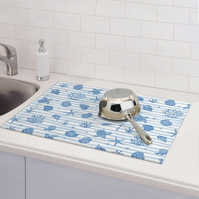 Beach Coastal Kitchen Dish Drying Mat for Counter, Ocean Sea Dish Draining Mat Microfiber Absorbent Reusable Washable Extra Large 18"x24" (beach, 18"x24")