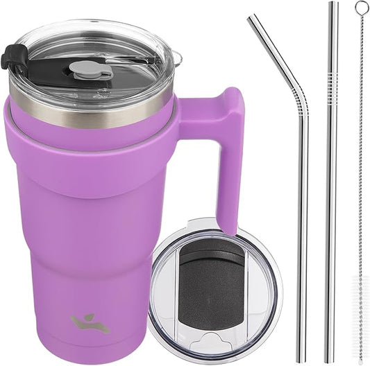 20 oz Tumbler with Handle and 2 Straw 2 Lid, Insulated Water Bottle Stainless Steel Vacuum Cup Reusable Travel Mug,Lavender