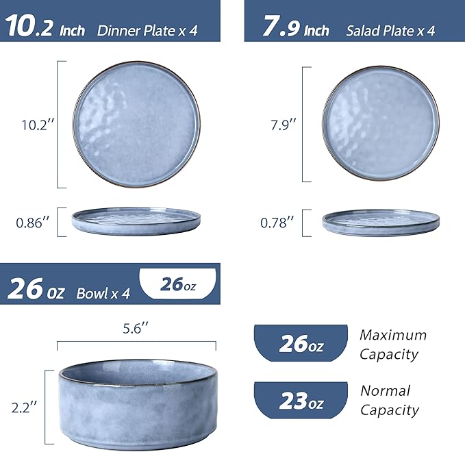 LIANYU Dinnerware Dish Sets for 4, 12 Piece Stoneware Plates and Bowls, Kitchen Dinner Set for Dessert Salad Pasta, Microwave & Dishwasher Safe, Serenity Blue