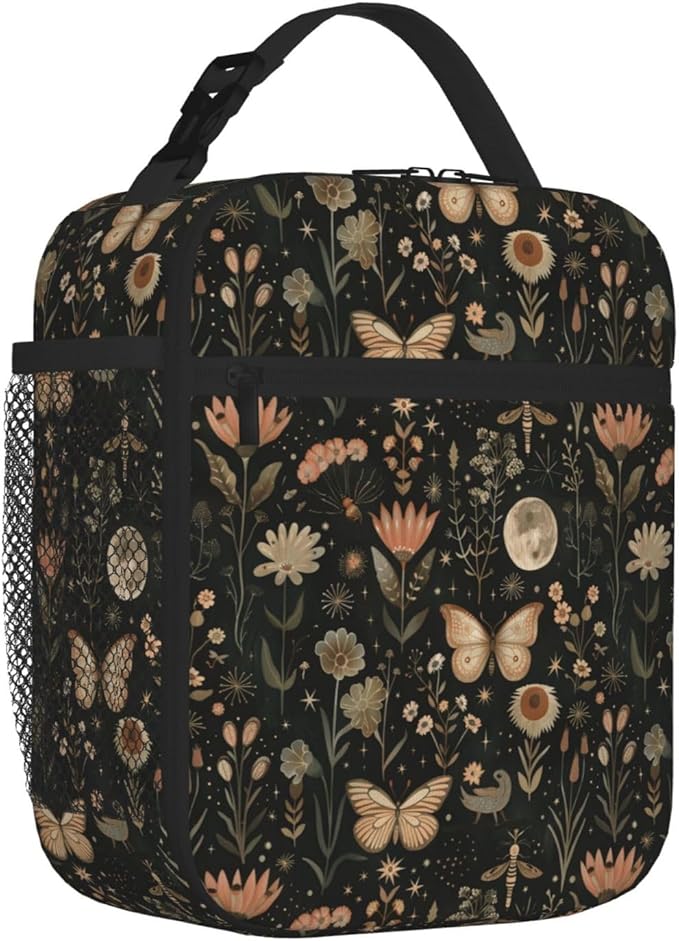SUPLUCHOM Lunch Bag Vintage Butterfly Moon Flower Insulated Bento Box Cooler with Side Pocket for Girl Boy Women Men Work School Picnic Hiking Daytrip