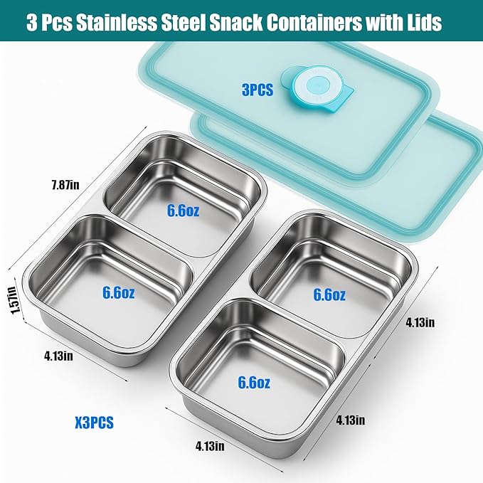 3 Pack Stainless Steel Snack Containers - Reusable 2 Compartment Lunchable Snack Prep Containers with Leakproof Lids, Grab and Go Divided Food Lunch Storage Containers for School, Travel