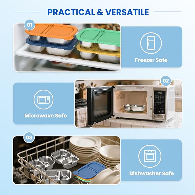 Reusable Stainless Steel Snack Containers, Capacity Upgrade 2 Compartment Snack Containers with Lids, Reusable Food Storage Containers with Lids for Travel, Outdoor, Camping (Orange)